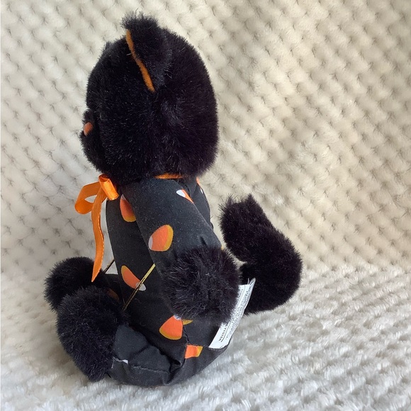 Black Stuffed Cat with Orange Bow and Candy Corn Outfit Halloween Kitty - Picture 5 of 9